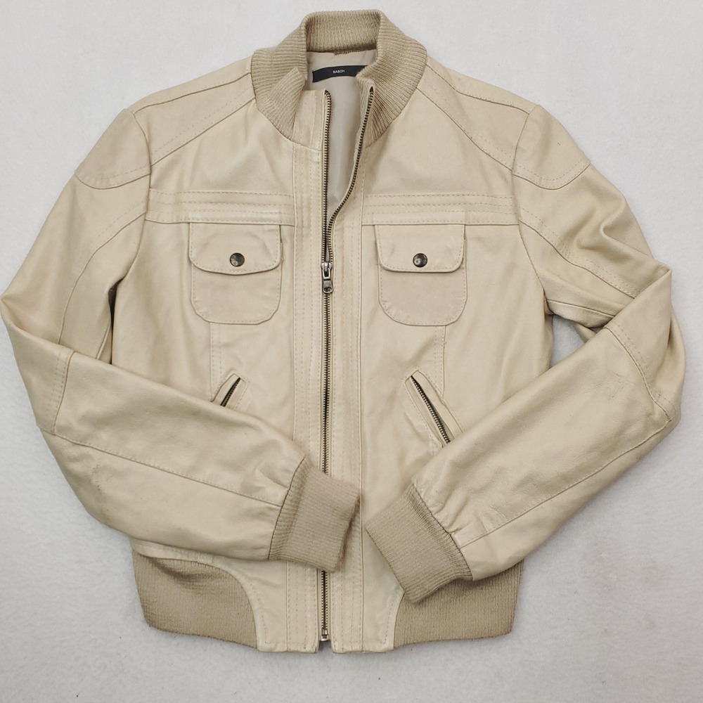 SASCH Jacket Womens Medium Beige Short Leather Bomber Rib Knit Made In Italy